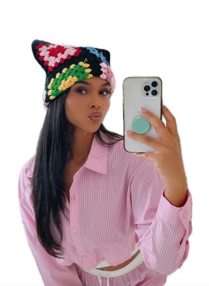 Black Multi Crochet Square Cat Ear Beanie Cute Chunky Knit Hat for Women & Teens Kawaii Cat Ear Winter Beanie