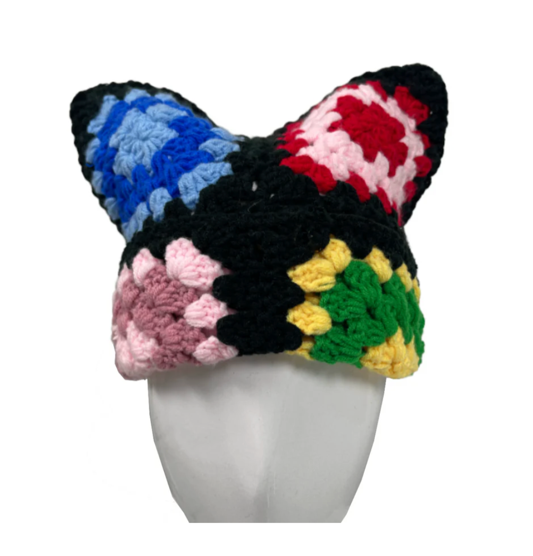 Black Multi Crochet Square Cat Ear Beanie Cute Chunky Knit Hat for Women & Teens Kawaii Cat Ear Winter Beanie