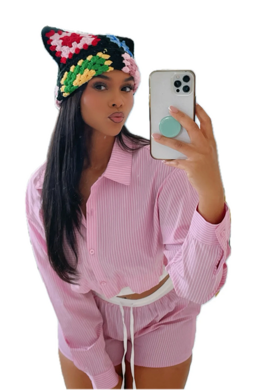 Black Multi Crochet Square Cat Ear Beanie Cute Chunky Knit Hat for Women & Teens Kawaii Cat Ear Winter Beanie