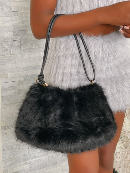 Black Faux Fur Shoulder Bag – Soft Plush Fluffy Handbag for Women | Trendy Winter Purse, Cozy Faux Fur Tote